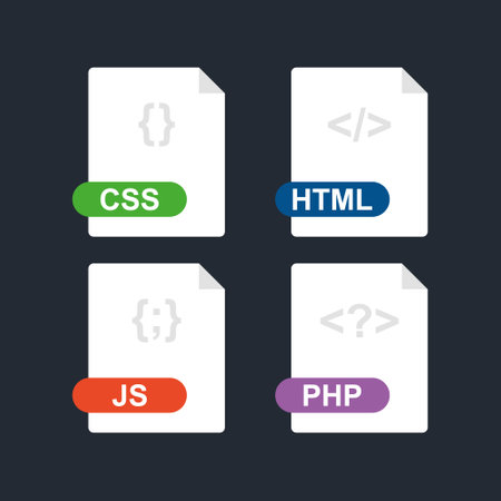 Css, html, js, php. Collection of web development file format flat icon. Vectorのイラスト素材
