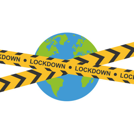 Earth with yellow caution tape. Coronavirus lockdown. Concept of world lockdown due to coronavirus. Vectorのイラスト素材