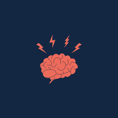 Headache, stress, emotional exhaustion icon. Brain with lightning symbols. Fatigue and stress...