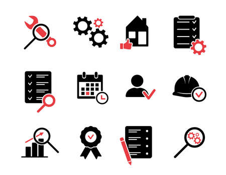 Inspection silhouette icons set. Black icons for quality control, testing, inspect, check, verify, examination. Vectorのイラスト素材