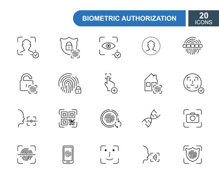 Set of biometric thin line icons. Fingerprint,  voice recognition, DNA, eye scan. Line icons of identity biometric verification sign. Vector. Editable Strokeのイラスト素材