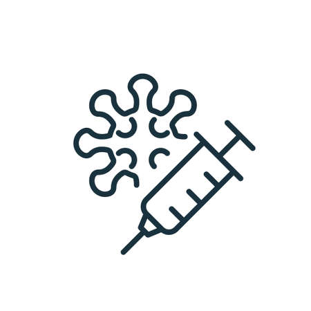 Coronavirus Vaccine line icon. Syringe with Coronavirus Bacterium. Vaccine against Covid. Coronavirus outbreak. Prevention of Viral Diseases. Editable stroke. Vector illustrationのイラスト素材