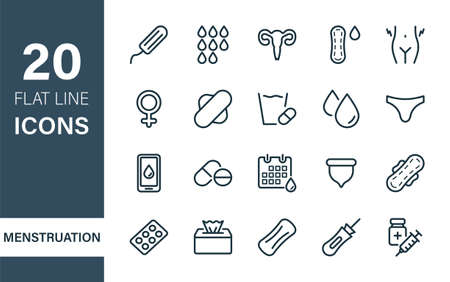 Woman Menstruation Cycle Icons Collection. Sanitary Pad and Periods of Menstruation line flat Icons Set. Periods Pad, Menstrual Cup, Tampons, Blood Drops, Vagina. Editable stroke. Vector illustrationのイラスト素材
