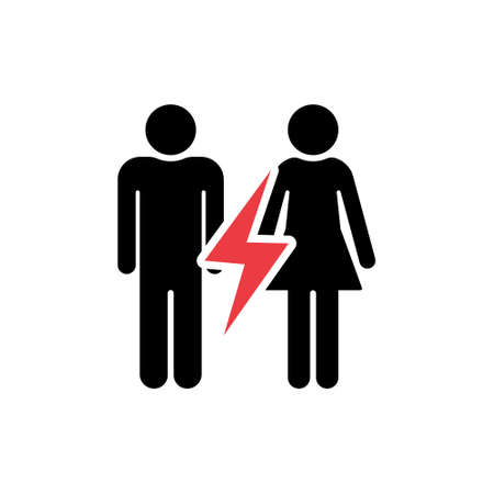 Divorced Couple. Black Silhouette of Man and Woman with Red Lightning. Break up of Relationship Icon. Man and Woman quarrel. End of Family Life. Conflict between girl and boy Icon. Vector illustrationのイラスト素材