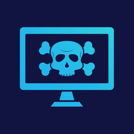 Virus Alert Icon. Computer with Virus. Cyber Attack Alert Icon with Skull. Phishing Scam concept. Hacker Attack, Phishing and Fraud. Vector illustrationのイラスト素材