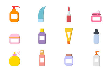 Collection of Natural Organic Beauty Cosmetic Products in colorful Bottles, Jars, Tubes. Set of Cosmetic Bottle for Body, Skin and Hair Care. Cartoon Vector illustrationのイラスト素材