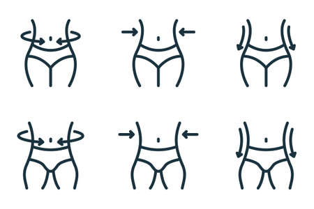 Slimming Waist. Woman and Man Loss Weight Line Icon. Shape Waistline Control Outline Icon. Set of Female and Male Body Slimming Linear Pictogram. Editable Stroke. Isolated Vector Illustrationのイラスト素材