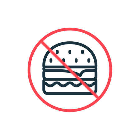 Unhealthy Forbidden Food Line Icon. Prohibition of Eating Here Linear Pictogram. Concept of Ban Burger with Stop Sign Outline Icon. Dont Allow Food. Editable Stroke. Isolated Vector Illustrationのイラスト素材