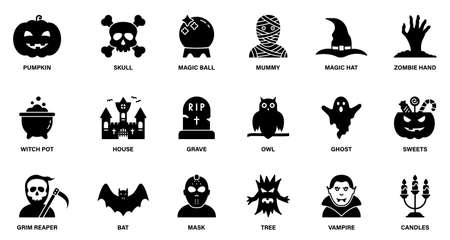 Halloween Set Silhouette Icon. Pumpkin, Ghost, Bat, Grave, Candy, Vampire, Creepy Castle Black Icon for Celebration 31 October. Spooky Horror Glyph Pictogram. Halloween Concept. Vector Illustrationのイラスト素材