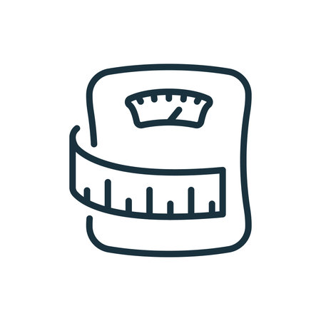 Bathroom Floor Scales with Tape Measure Line Icon. Weight Control Concept Linear Pictogram. Meters for Measuring Weight and Waist Outline Icon. Editable Stroke. Isolated Vector Illustrationのイラスト素材