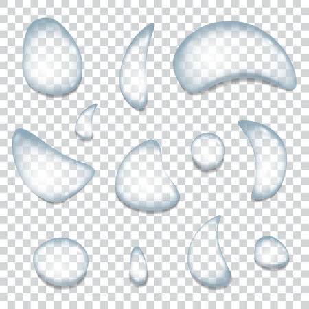 Mockup Clear Water Drops on Transparent Background. Realistic Drops Water Set. Collection of Pure Condensation 3d Droplets. Fresh Raindrop Smooth Surface. Isolated Vector Illustrationのイラスト素材
