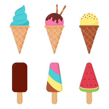 Collection of Ice Cream Waffle Cone and Ice Cream on Stick. Summer Icecream Set with Chocolate, Watermelon on White Background. Frozen Sweet Sundae. Isolated Vector Illustrationのイラスト素材