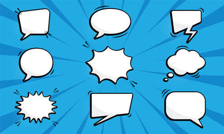 Funny Collection of Comic Speech Balloons on Blue Pop Art Background with Halftone. Retro Speech Clouds for Dialog, Communication, Message. Empty Bubble for Text, Chat. Isolated Vector Illustrationのイラスト素材