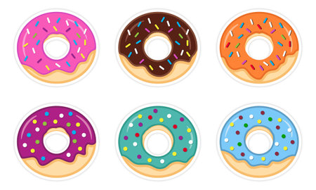 Set of Sweet Colorful Donuts on White Background. Chocolate, Pink, Blue Cake with Icing Stickers. Collection of Doughnuts Decorated with Cream. Isolated Vector Illustrationのイラスト素材