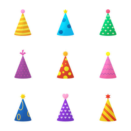 Collection of Colorful Birthday Party Hat on White Background. Funny Cartoon Cone Caps Set for Celebration Anniversary. Accessory for Decoration New Year Party. Isolated Vector Illustrationのイラスト素材