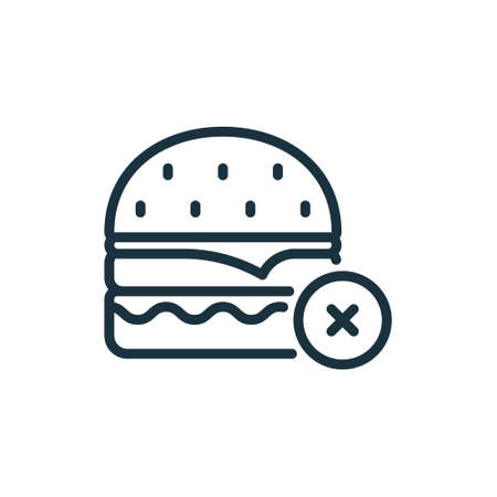 Concept of Ban Burger with Stop Sign Outline Icon. Unhealthy Forbidden Food Line Icon. Prohibition of Eating Here Linear Pictogram. Dont Allow Food. Editable Stroke. Isolated Vector Illustrationのイラスト素材