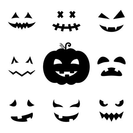 Scary and Funny Faces for Halloween Pumpkin Silhouette Icon. Halloween Horror Emotions Icon. Spooky Faces of Ghost Glyph Pictogram. Isolated Vector Illustrationのイラスト素材