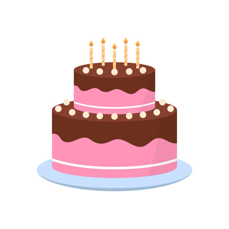 Pink Cute Cake with Icing Chocolate Cream on Plate for Birthday, Anniversary, Wedding. Colorful...
