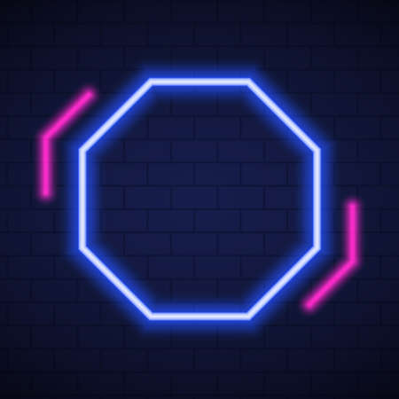 Octagon Frame with Neon Led Border for Cafe, Party, Club. Night Club Neon Sign. Mockup of Neon Blue and Pink Lamp on Dark Brick Wall Background. Isolated Vector Illustrationのイラスト素材