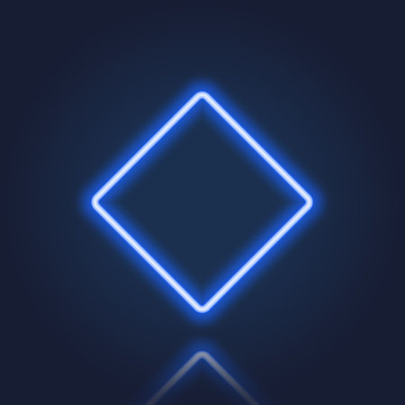 Blue Realistic Neon Frame with Glowing Border on Dark Background. Rhombus Neon Banner with Reflection Effect. Electric Light Rhombus. Isolated Vector Illustrationのイラスト素材