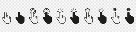 Collection of Hand Mouse Pointer Pictogram on Transparent Background. Finger Web Click Pointer Line and Silhouette Icon. Black Computer Cursor Set. Isolated Vector Illustrationのイラスト素材