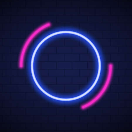 Mockup of Neon Blue and Pink Lamp on Wall for Party, Cafe, Club. Shiny Neon Frames on Dark Brick Wall Background. Frame with Neon Led Border Circle Shape. Isolated Vector Illustrationのイラスト素材