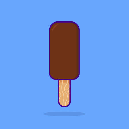 Chocolate Ice Cream on Stick. Frozen Cute Sundae on Blue Background. Summer Sweet Food in Cartoon Style. Isolated Vector Illustrationのイラスト素材