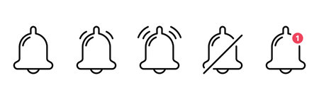 Set of Notification Bells and Silent Mode Concept Line Icons. Ringing Doorbells Outline Icons for Mobile Phone App. Bell with Red Button. Notice Symbol on Smartphone. Isolated Vector Illustrationのイラスト素材