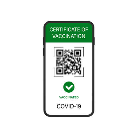 Digital Vaccination Certificate and Green Health Passport. Certificate of Vaccine and Immune from Covid in Mobile Phone App. Green Passport Screen with QR Code. Isolated Vector Illustrationのイラスト素材