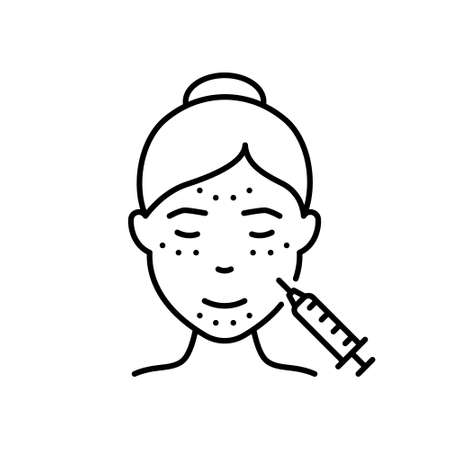 Woman Facial Injection Line Icon. Cosmetology Skin Care for Girl Face Pictogram. Filler, Acid,  Mesotherapy, Anti Aging Procedure Outline Icon. Editable Stroke. Isolated Vector Illustrationのイラスト素材