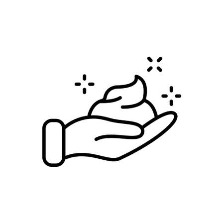 Sparkle Foam Cream on Hand Line Icon. Whipped Soap on Hand Linear Pictogram. Wash, Cleansing, Hygiene Skin Concept. Outline Icon. Editable Stroke. Isolated Vector Illustrationのイラスト素材
