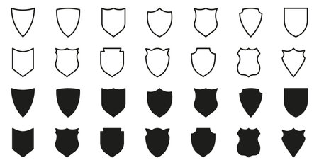 Shield Line and Silhouette Icon Set. Sign of Safety, Defence, Safe Pictogram. Guard Defense Emblem Collection Icon. Antivirus Protect Badge. Editable Stroke. Isolated Vector Illustrationのイラスト素材