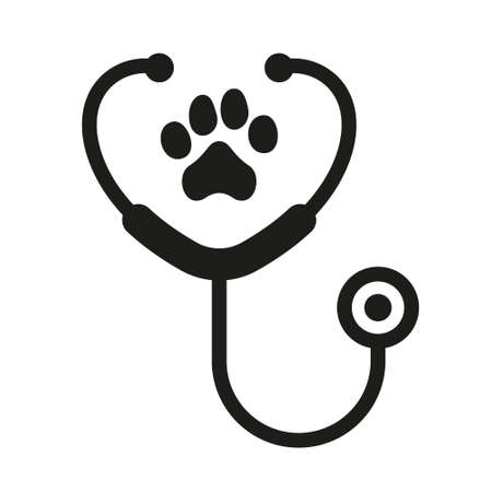 Stethoscope and Animal Footprint Veterinary Concept Silhouette Icon. Veterinarian Medicine Equipment Glyph Pictogram. Pet, Dog, Cat Health Care Service Icon. Isolated Vector Illustrationのイラスト素材