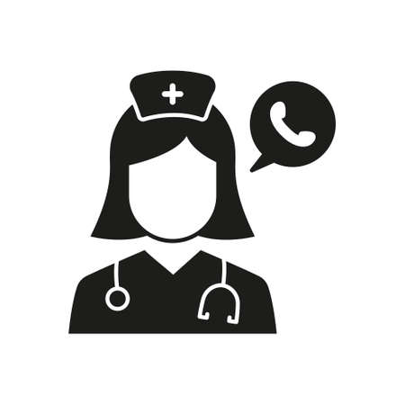 Online Medical Help Silhouette Icon. Hospital Call Center Operator Pictogram. Doctor Support Helpline Black Icon. Medical Staff, Handset Phone. Isolated Vector Illustrationのイラスト素材