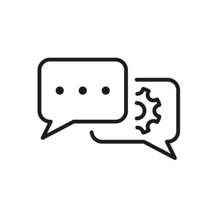 Settings Chat Line Icon. Speech Bubble with Gear Configuration Concept Linear Pictogram. Dialog Balloon and Cog Wheel Talk Service Outline Icon. Editable Stroke. Isolated Vector Illustrationのイラスト素材