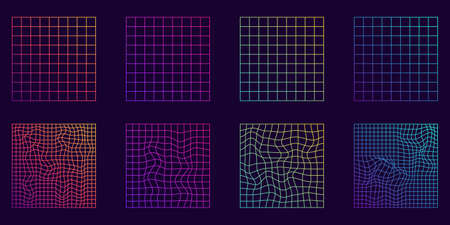 Distorted Grid Square Neon Pattern. Warp Futuristic Geometric Square Glitch. Abstract Modern Design. Wave Ripple Perspective Square. Isolated Vector Illustrationのイラスト素材