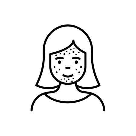 Girl with Blackhead, Acne, Rash on Face Line Icon. Woman with Pimples Linear Pictogram. Allergy, Inflammation Skin, Dermatologic Problem Outline Icon. Editable Stroke. Isolated Vector Illustrationのイラスト素材