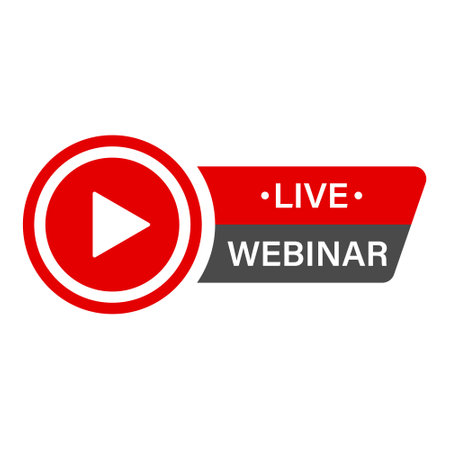 Live Online Webinar Sign. Free Web Video Workshop, Online Event, Virtual Conference, Webcast, Digital Training Red Play Button Pictogram. Live Business Webinar Icon. Isolated Vector Illustrationのイラスト素材