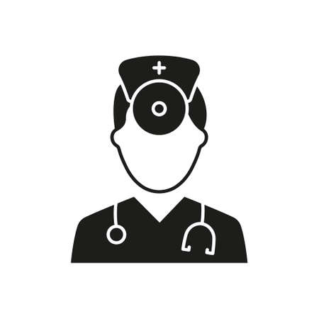 Otolaryngologist Doctor Silhouette Icon. Otolaryngology Medic Staff with Stethoscope, Mirror Black Pictogram. Ear, Nose, Throat Doctor Icon. Isolated Vector Illustrationのイラスト素材
