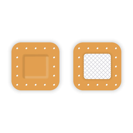 Square Elastic Patch for First Aid. Sticker Patch Assistance for Protection Wound, Damage. Adhesive Medical Plaster Strip Bandage. Antibacterial Sticky Bandage. Isolated Vector Illustrationのイラスト素材