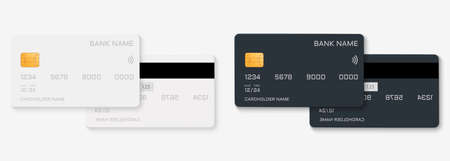 White and Black Plastic Credit Card. Realistic Mock Up of Debit Bank Card with Golden Chip. Template of Front and Back Plastic Card. Concept of Business Payment Money. Isolated Vector Illustrationのイラスト素材