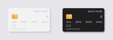 Black and White Mock Up of Debit Bank Card. Template of Plastic Credit Bank Card. E-commerce Concept. Plastic Credit or Debit Card with Golden Chip Mockup. Isolated Vector Illustrationのイラスト素材