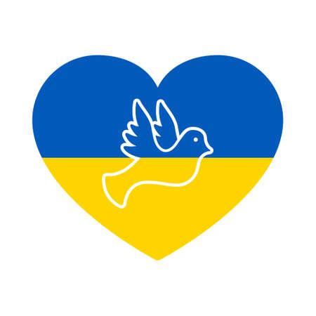 Pigeon Sign of Love, Freedom, Solidarity, No War. Dove in Heart Ukrainian Flag Symbol of Peace Silhouette Icon. Ukraine Patriotic Bird Icon. Blue, Yellow Dove Emblem. Isolated Vector Illustrationのイラスト素材