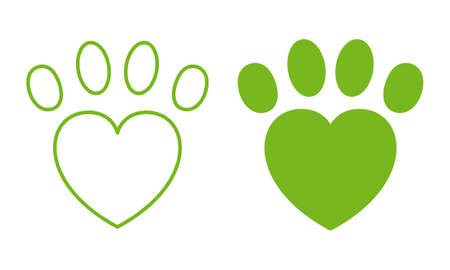 Paw Heart Animal Love Line and Silhouette Icon. Pet, Dog, Cat Footprint Pictogram Set. Foot Print Puppy Shape Sign. Cute Canine Imprint Symbol. Veterinary Shop Logo. Isolated Vector Illustrationのイラスト素材