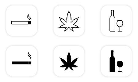 Alcohol, Drug, Smoke Zone Black Line and Silhouette Icon Set. Wine Bottle and Glass, Cannabis, Smoke Cigarette, Drink Alcohol Pictogram. Medical Hemp Flat Symbol. Isolated Vector Illustrationのイラスト素材