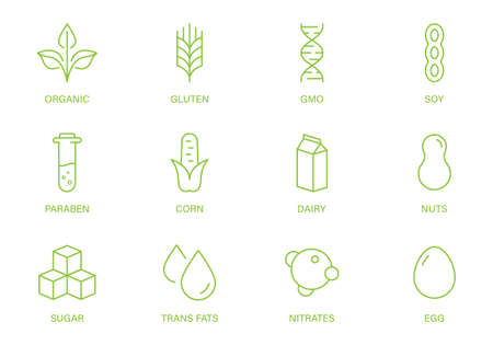 GMO, Dairy, Sugar, Gluten, Nuts, Corn, Paraben, Nitrates, Trans Fat, Soy, Milk and Egg Line Green Sign Set. Vegan Food Product Outline Icon. Organic Allergy Ingredient Line Logo. Vector Illustrationのイラスト素材