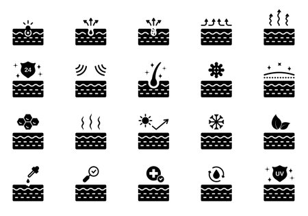 Skin Care Concept Silhouette Icon. Moisture, Cleansing Pore, UV Protect Face or Body Skin Black Pictogram. Cold, Protection, Health, Pimple Skin Icon. Isolated Vector Illustrationのイラスト素材