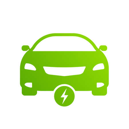 Electric Car Silhouette Icon. Ecology Hybrid Vehicle Glyph Pictogram. Eco Electro EV with Bolt Green Symbol. Electric Car with Lightning Sign. Electronic Automobile Logo. Isolated Vector Illustrationのイラスト素材
