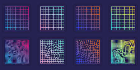 Distorted Grid Square Neon Pattern. Abstract Modern Design. Wave Ripple Perspective Square. Warp Futuristic Geometric Square Glitch. Isolated Vector Illustrationのイラスト素材