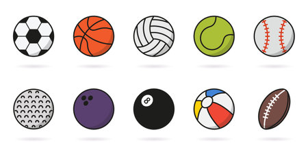 Set of Sport Game Balls Icon. Collection of Balls for Basketball, Baseball, Tennis, Rugby, Soccer, Volleyball, Golf, Pool Pictogram. Inflatable Color Ball, Softball Symbol. Vector Illustrationのイラスト素材